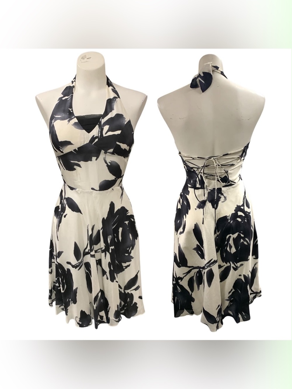 Sue Wong Black and White Floral Halter Backless Dress Size S